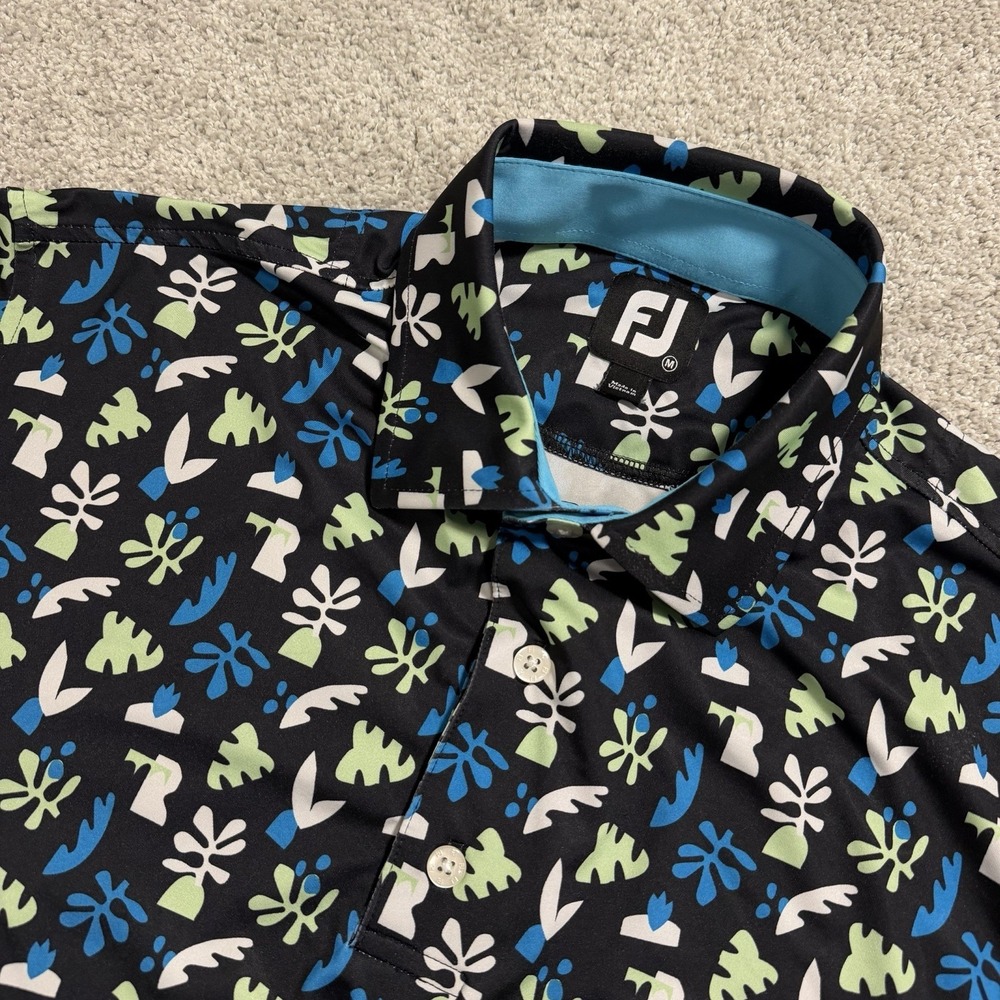FootJoy Jungle Leaves Golf Polo Mens Sz M Black Short Sleeve Performance Shirt